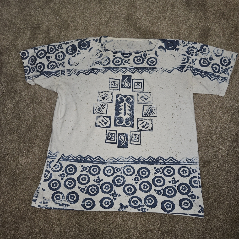 Women's Blue and White Patterned Tunic With Shoulder Pads